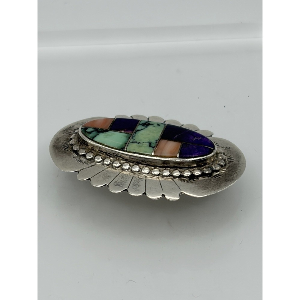 Multi-Stone Inlay Pin Brooch Navajo John Charley Sterling Silver Turquoise Coral - Picture 4 of 6